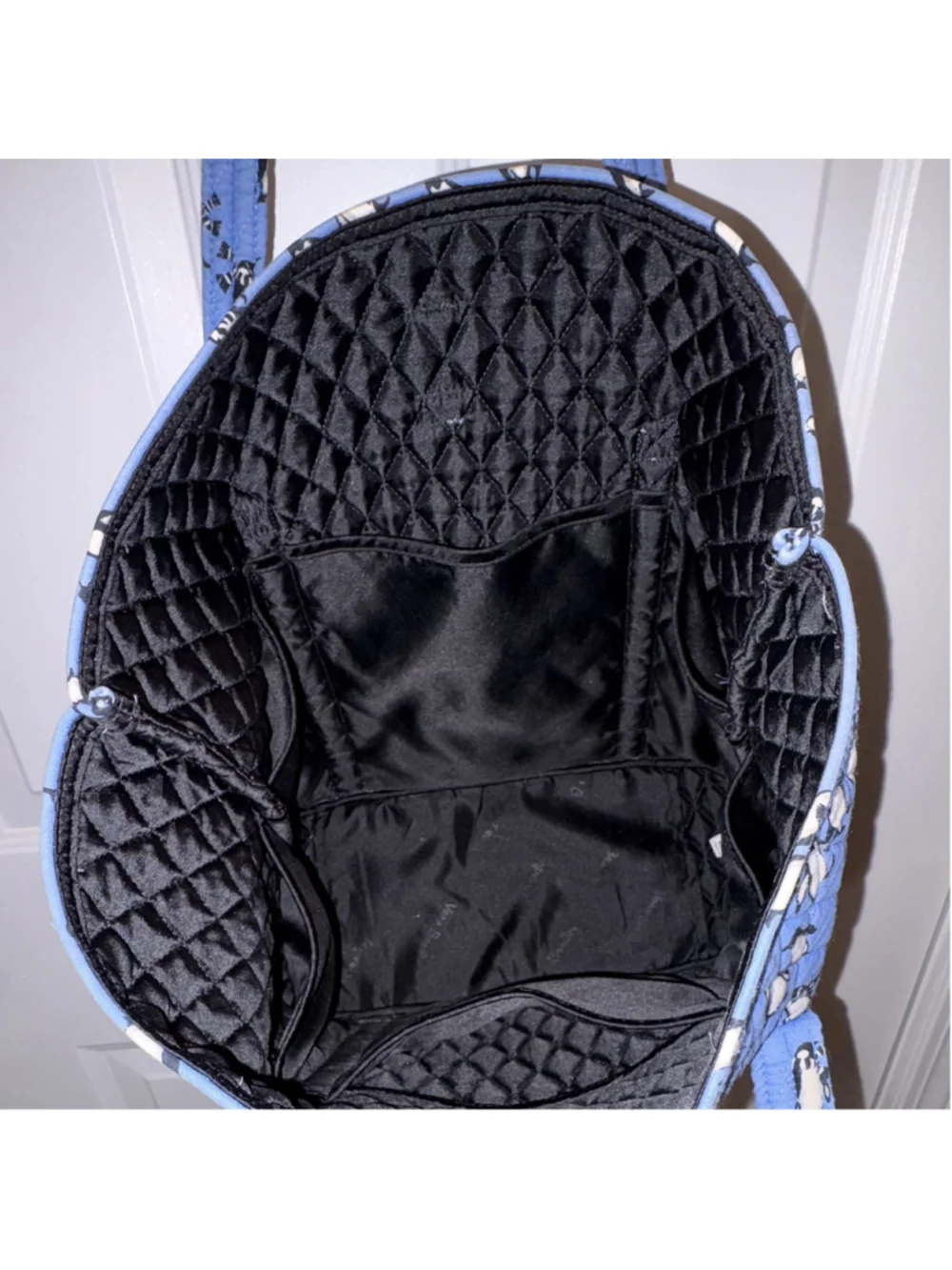 Vera Bradley Blue Penguin Print Tote Bag, Medium, Pockets inside & out 1215